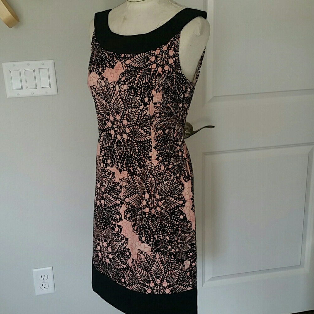 Connected Apparel Lace Overlay Midi Dress in Black and Pink